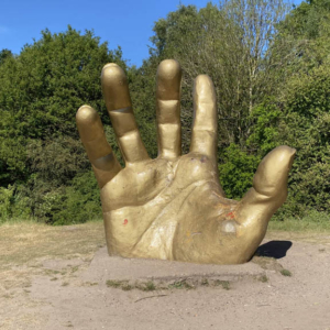 The Clipstone Hand, an art installation near Vicar Water Car Park.
