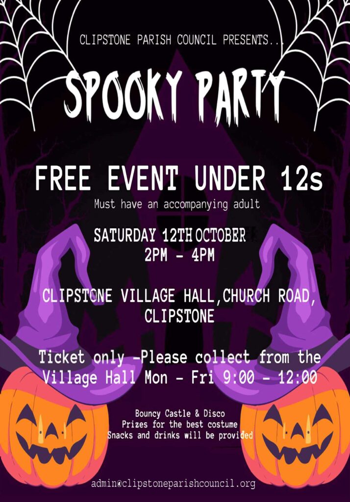 Spooky Party - Sat 12th Oct 2-4pm for under 12s. Clipstone Village Hall. Ticket Only, collect from village hall Mon-Fri 9-12. 